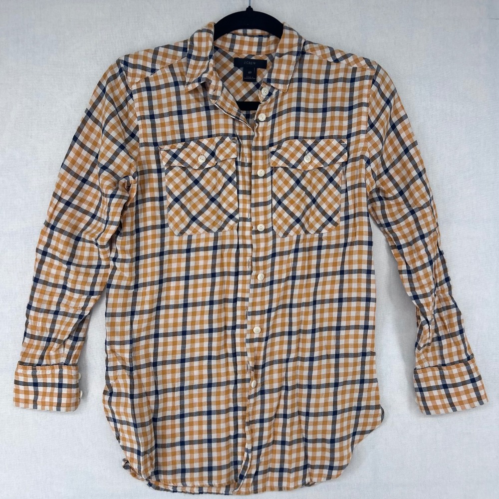 J.Crew Womens Mustard Yellow Navy Blue Gingham Check Button Down Shirt Size 00